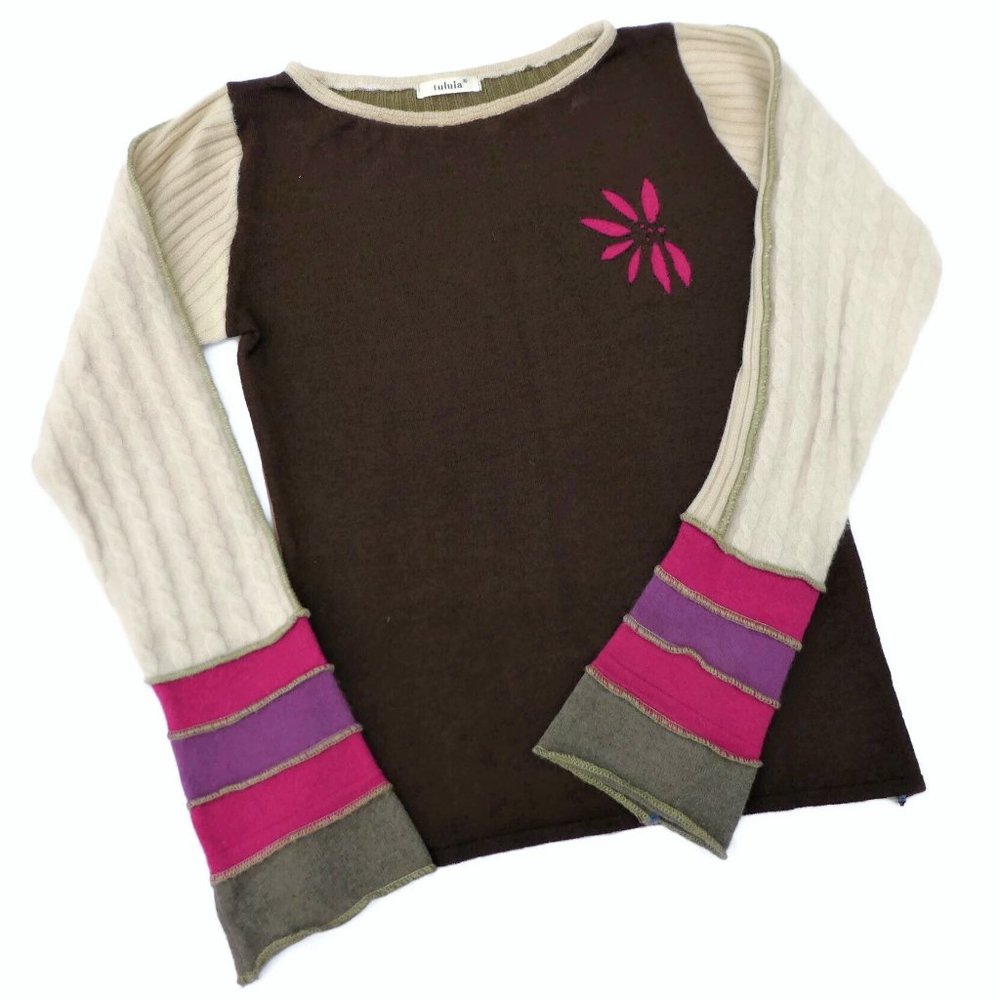 Vintage Tulula Sweater Pullover Boat Neck Color Block Cuffs Earthy Soft XS
